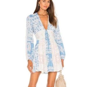 Free People Paisley Bishop long sleeve mini lace up mini dress